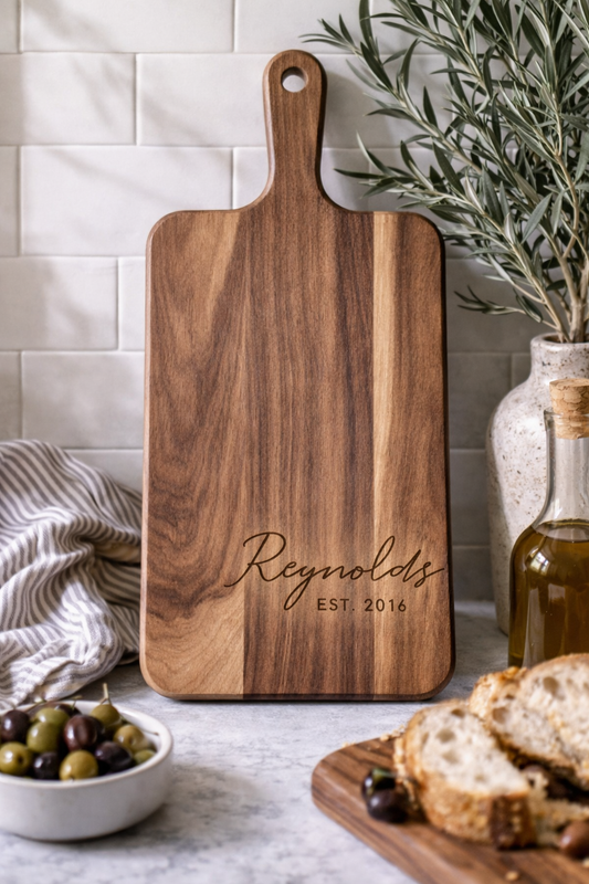 Personalized Acacia Cutting Board with Handle | Laser Engraved Gift