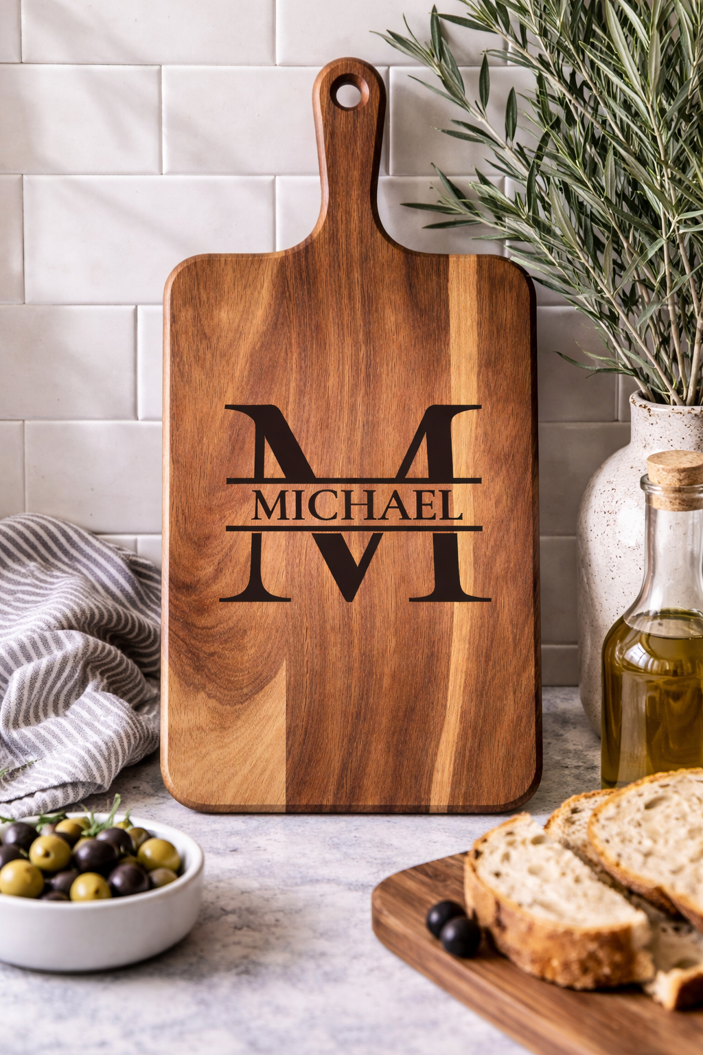 Personalized Acacia Cutting Board with Handle | Laser Engraved Gift