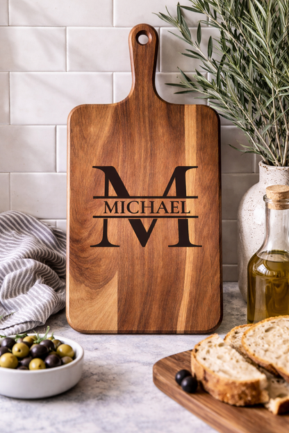 Personalized Acacia Cutting Board with Handle | Laser Engraved Gift