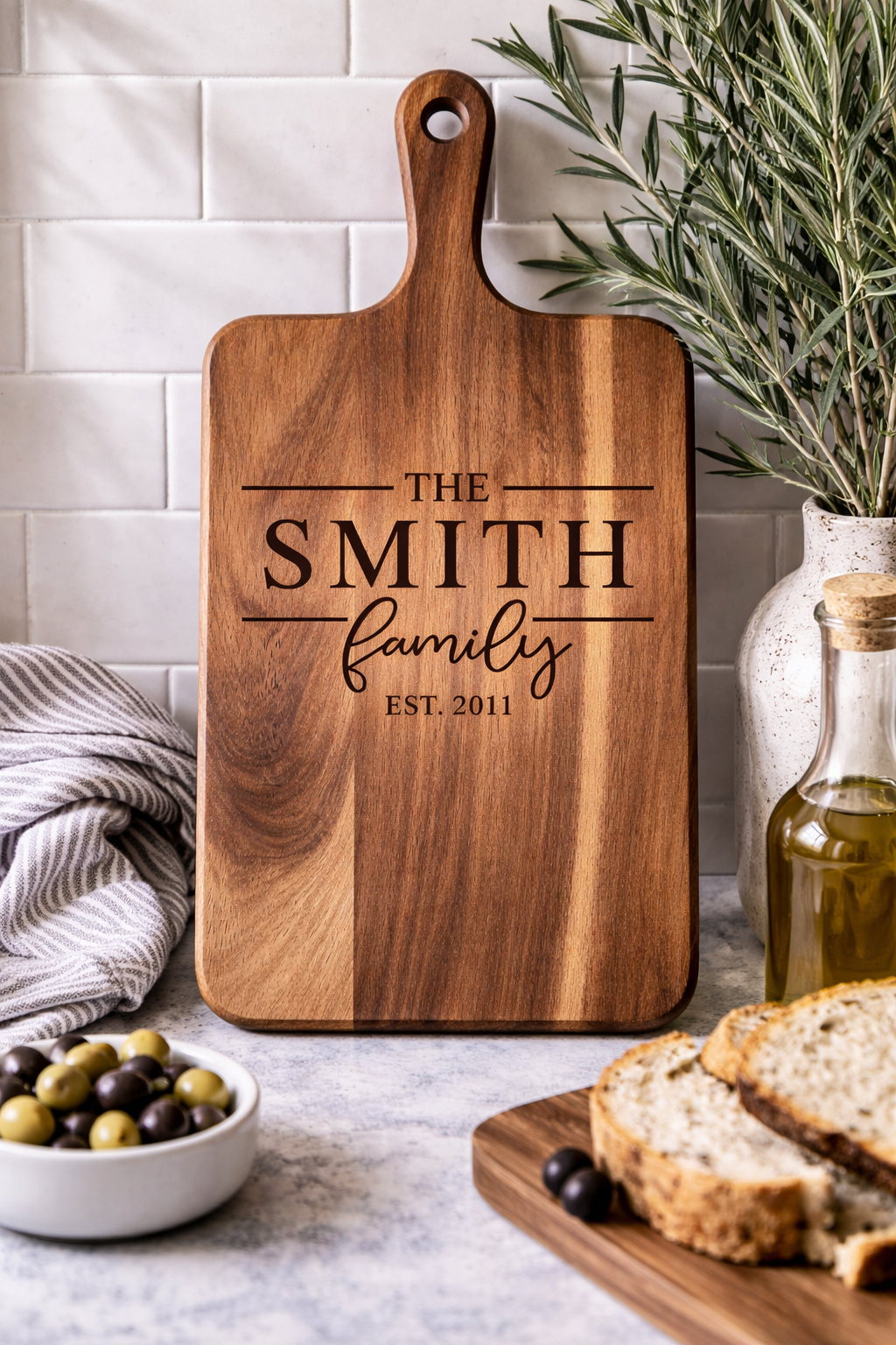Personalized Acacia Cutting Board with Handle | Laser Engraved Gift