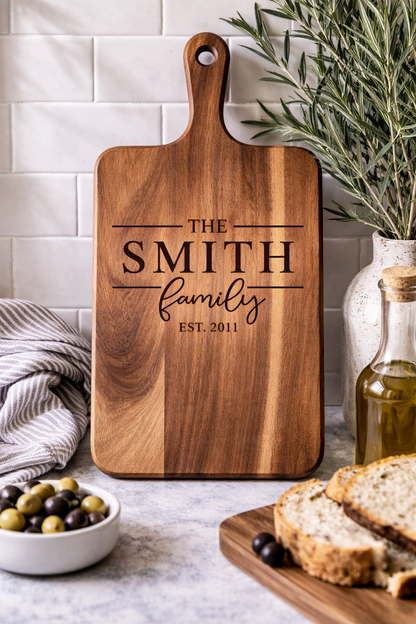Personalized Acacia Cutting Board with Handle | Laser Engraved Gift