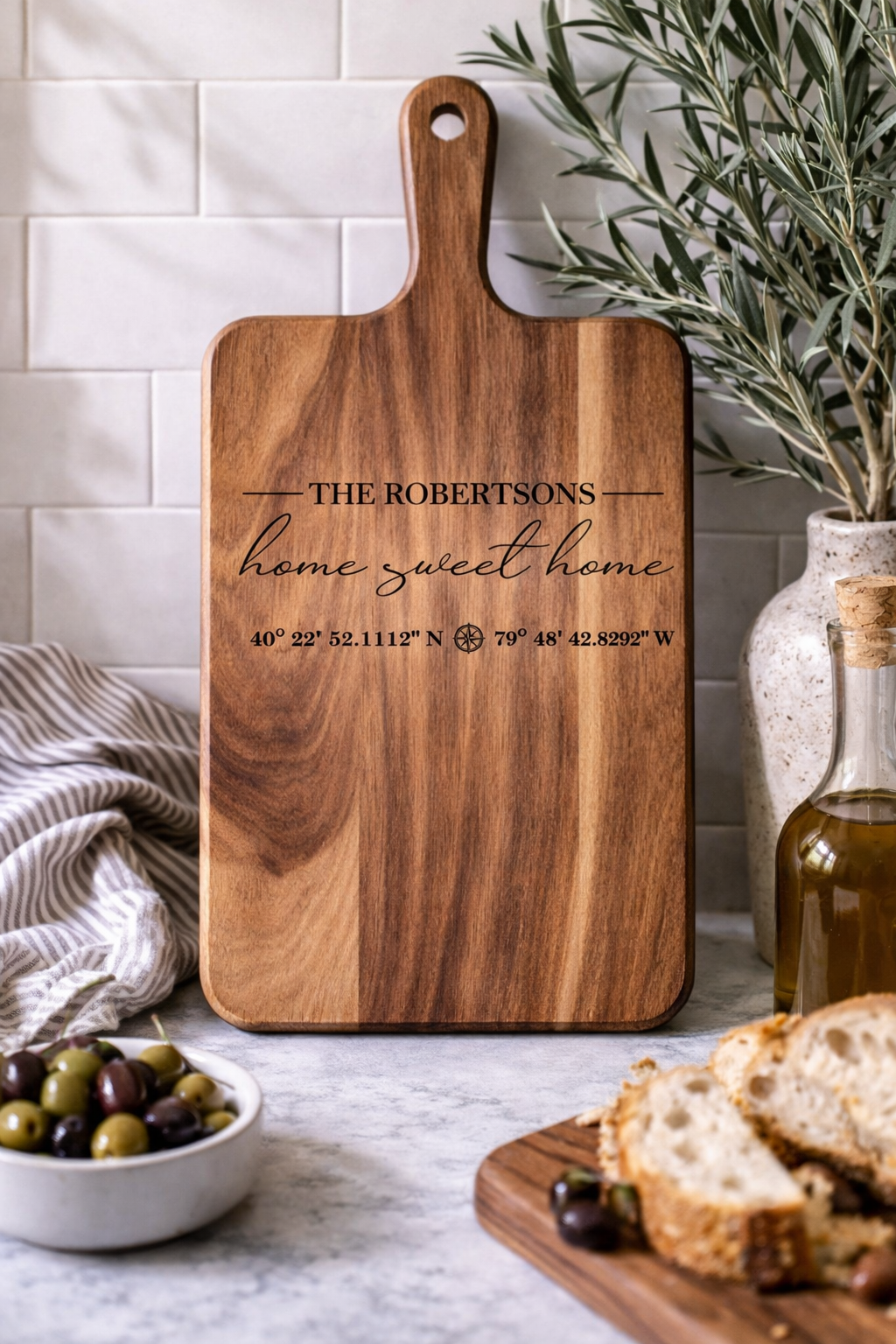 Personalized Acacia Cutting Board with Handle | Laser Engraved Gift