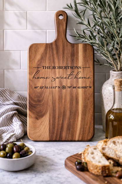 Personalized Acacia Cutting Board with Handle | Laser Engraved Gift