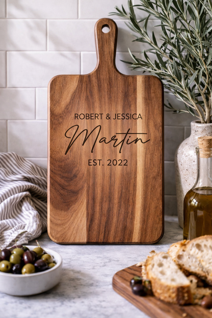 Personalized Acacia Cutting Board with Handle | Laser Engraved Gift